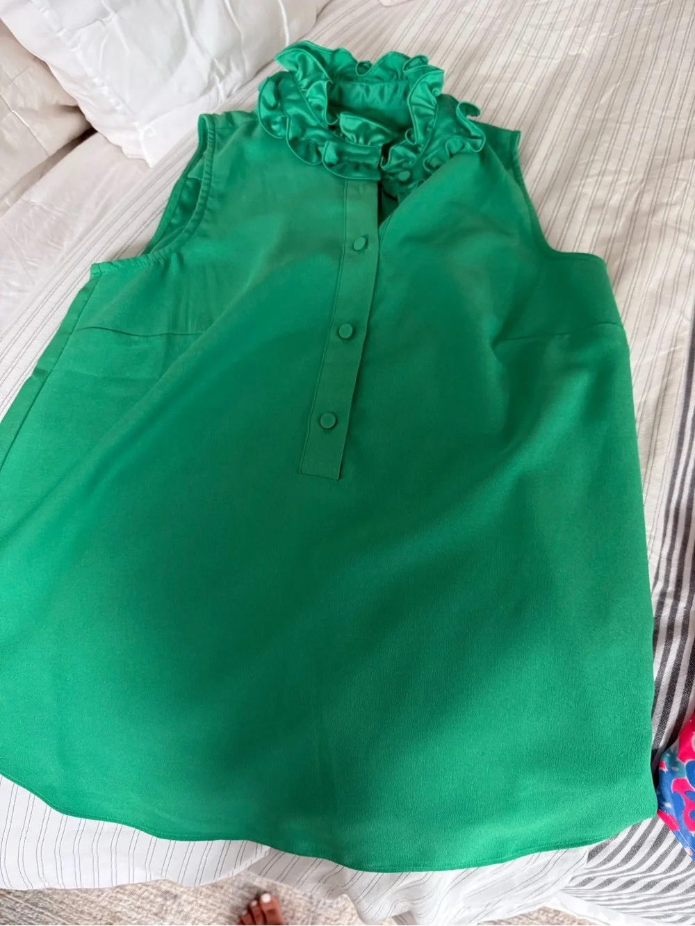 J. Crew Emerald Green Ruffle Neck Sleeveless Blouse